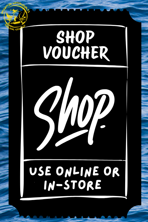 Shop voucher with 'Use online or in-store' text on a blue water background