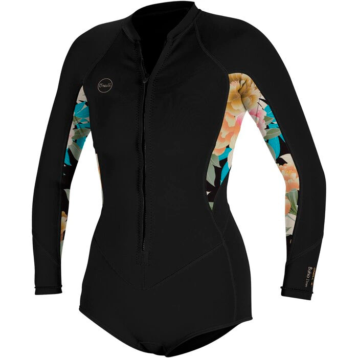 O'Neill Bahia 2/1mm Women's Front Zip Long Sleeve Shorty Wetsuit - Black/ Floral - 5363