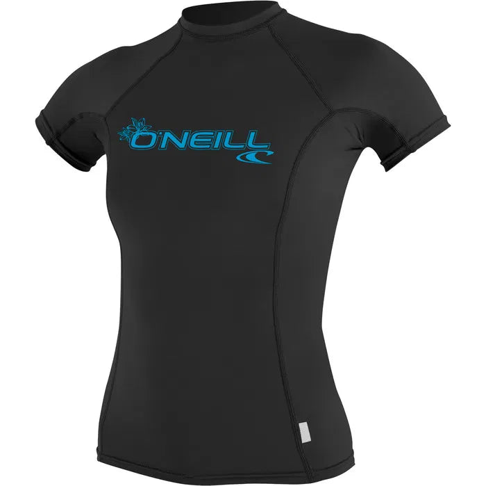 O'Neill Women's Basic Skins Short Sleeve Rash Guard - Black/ Blue logo