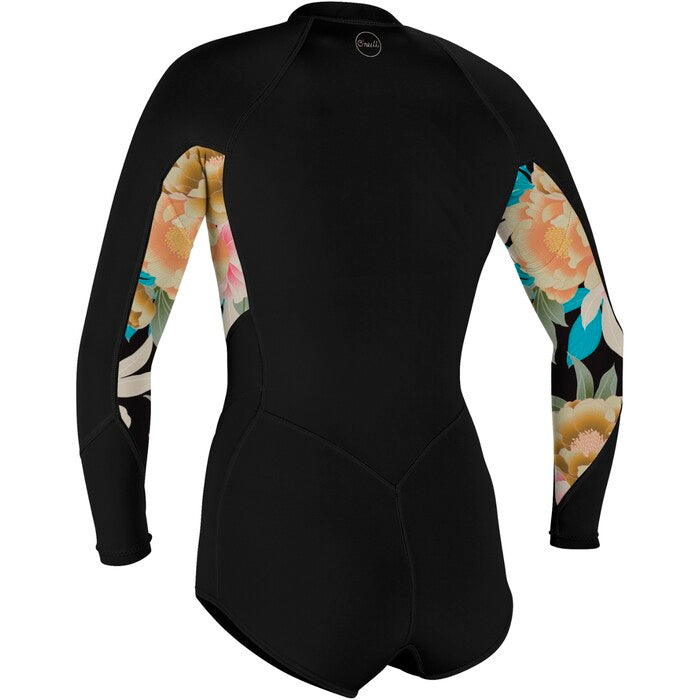 O'Neill Bahia 2/1mm Women's Front Zip Long Sleeve Shorty Wetsuit - Black/ Floral - 5363
