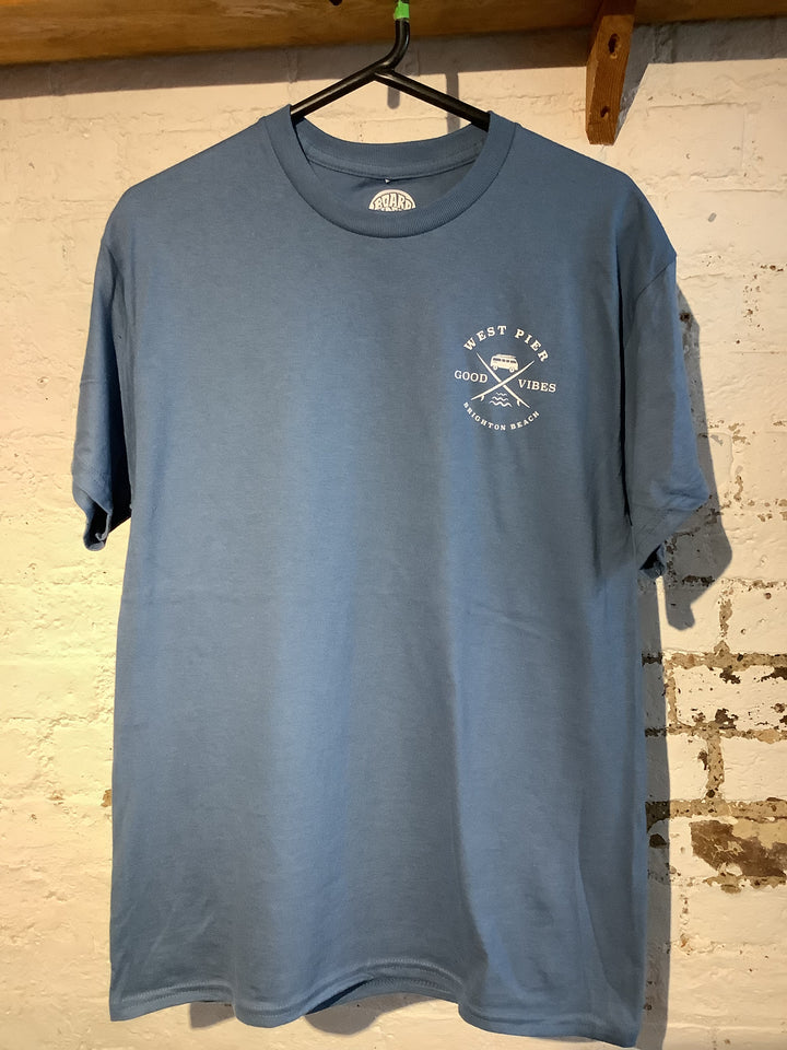 West Pier T-shirt - ‘West Pier - Good Vibes - Brighton Beach’ Camper Van Logo - Indigo Blue