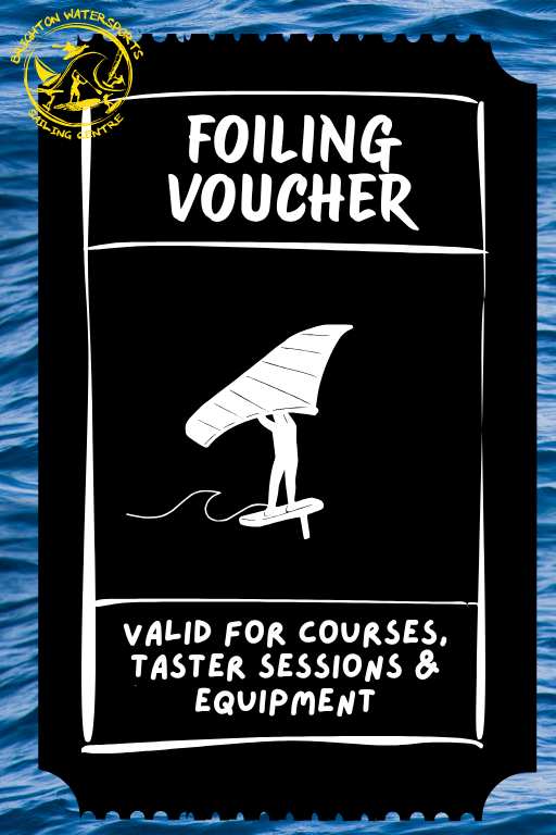 Foiling Voucher with a surfer graphic on a blue water background