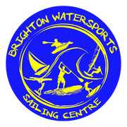 Logo of Brighton Watersports Sailing Centre with blue circle and yellow text and icons.
