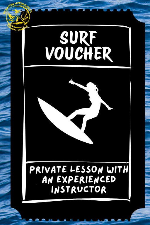 Surf voucher with a surfer on a white background against a blue ocean.