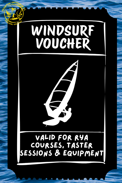 Windsurf voucher with a windsurfing illustration on a blue water background