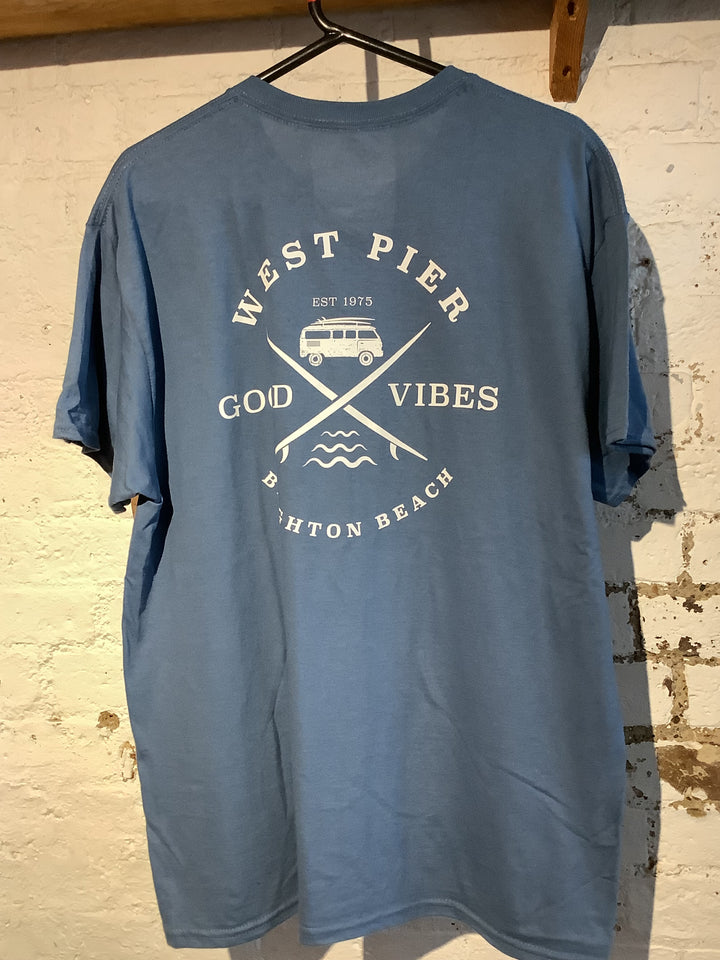 West Pier T-shirt - ‘West Pier - Good Vibes - Brighton Beach’ Camper Van Logo - Indigo Blue