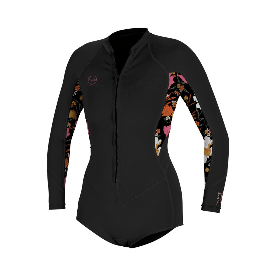O'Neill Bahia 2/1mm Women's Front Zip Long Sleeve Shorty Wetsuit - Black/ Floral - 5363