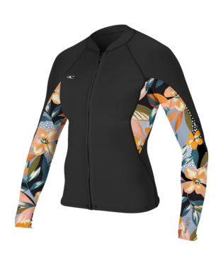 O'Neill Bahia Women's Full Zip Wetsuit Jacket in Black/Demi Floral, featuring UltraFlex construction and flatlock stitched seams