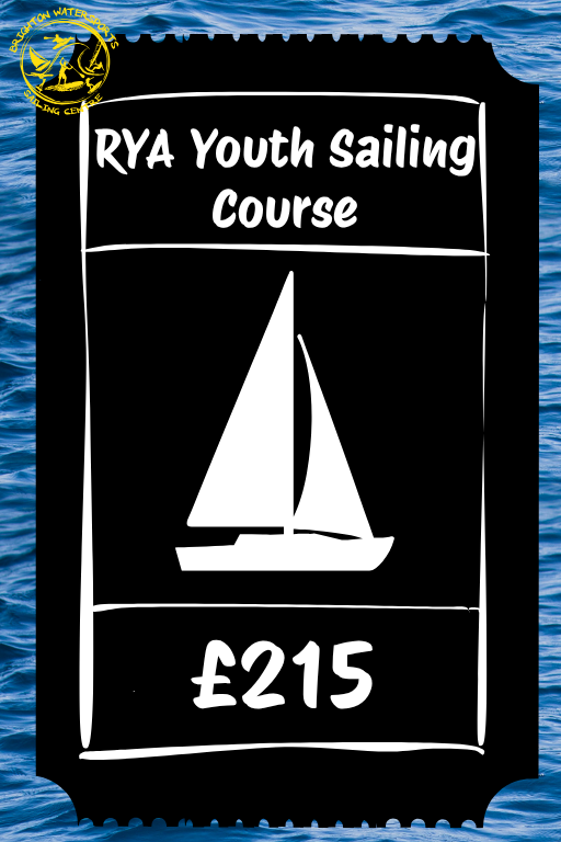 RYA Youth Sailing Course ticket with sailboat icon and price against a blue water background