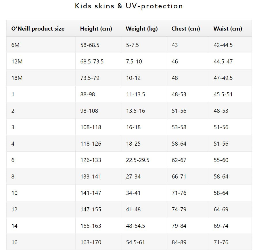 O'Neill Thermo-X Kid's Thermal Top Size chart