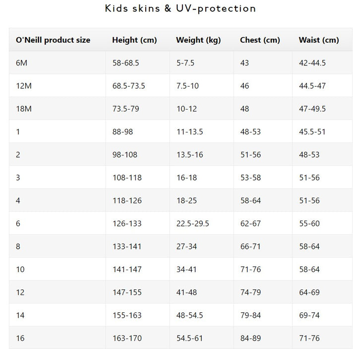 O'Neill Thermo-X Kid's Thermal Top Size chart