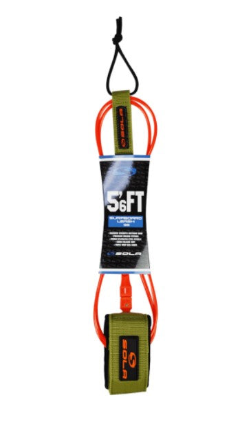 Sola Surfboard Leash - 5ft 6" - 5mm - Orange/ Khaki